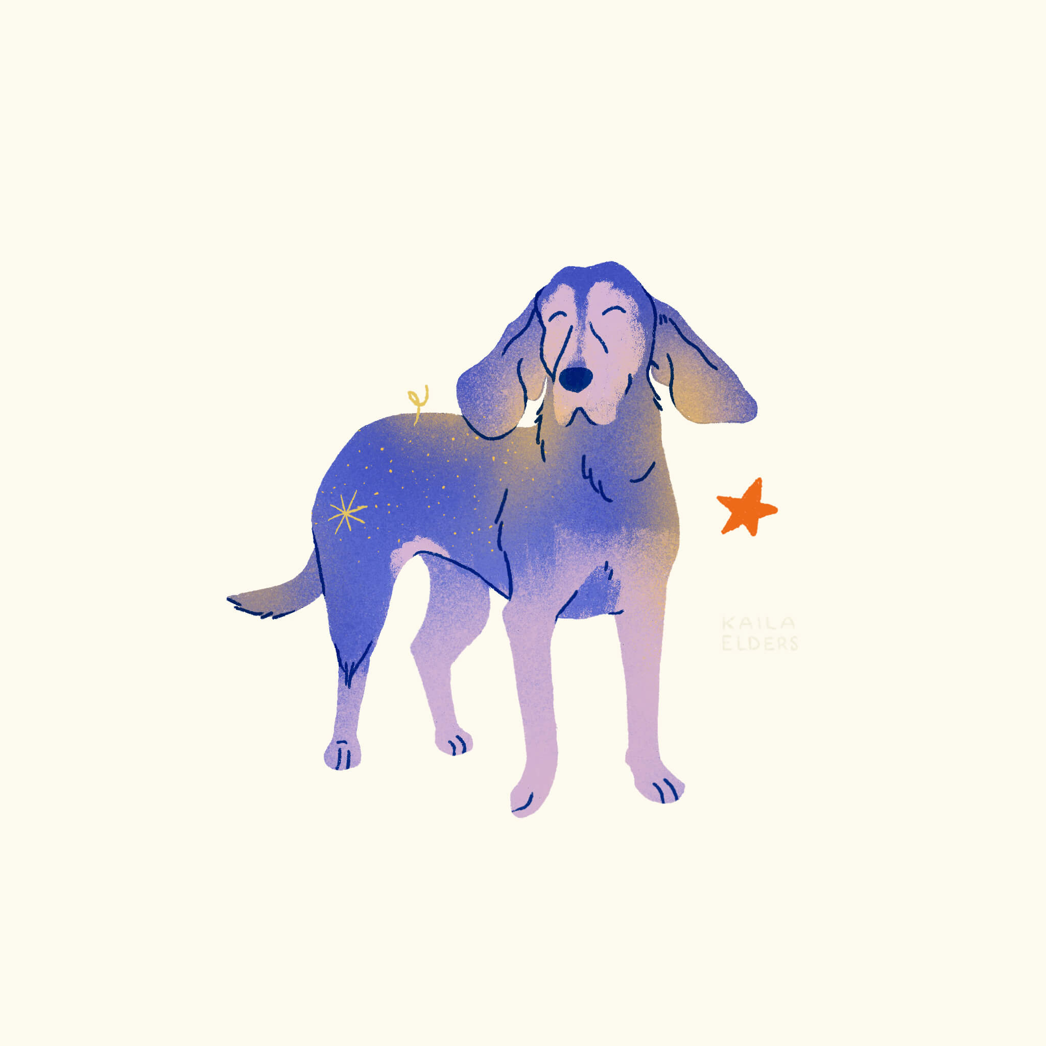 An illustration of a Hellenic Hound in purple and lilac colours