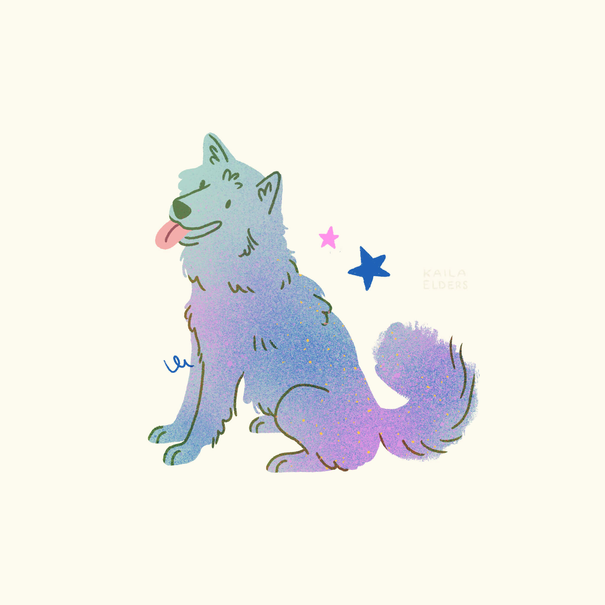 An illustration of a Kintamani dog sitting in blue and pink and purple colours