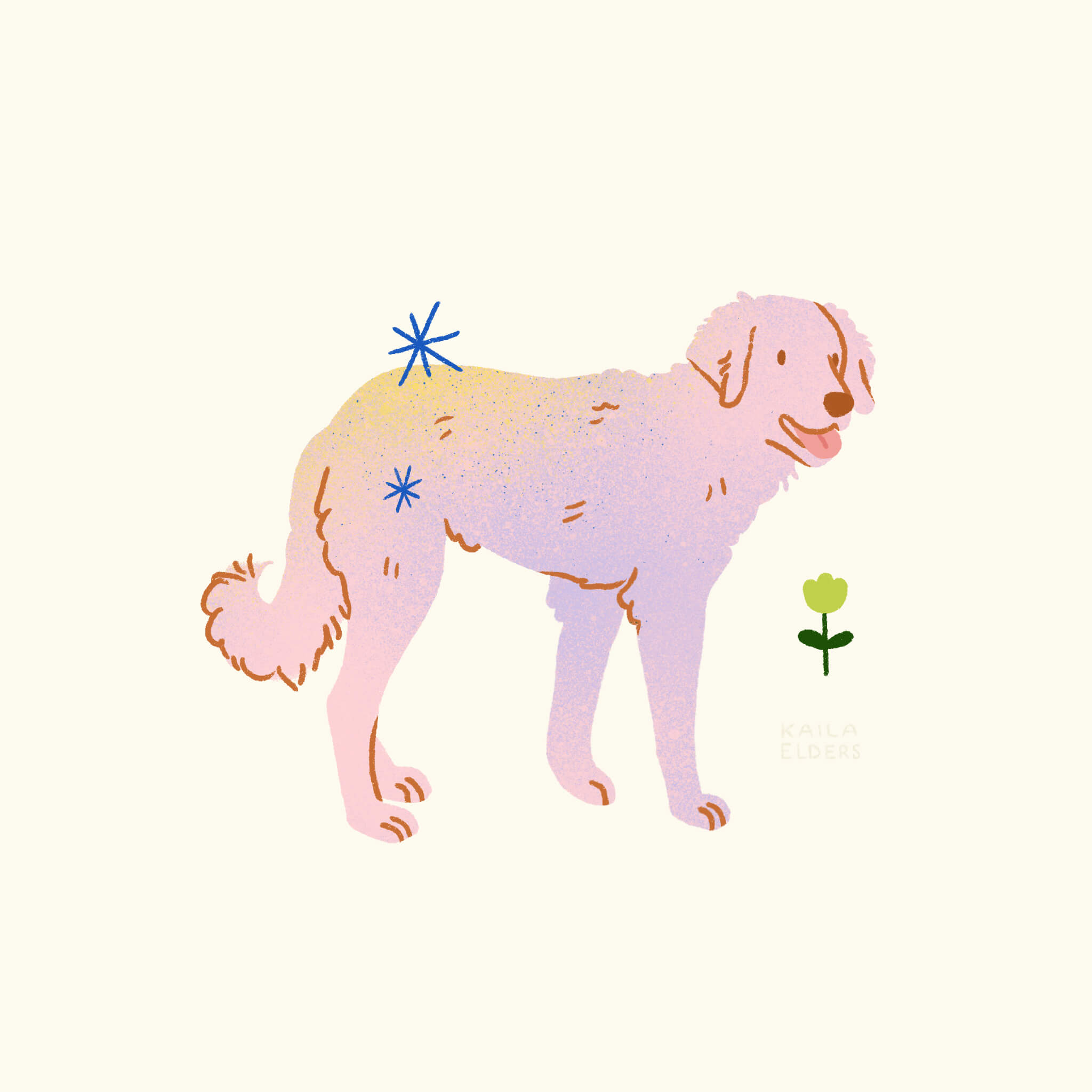 An illustration of Kuvasz dog in lilac and pink colours