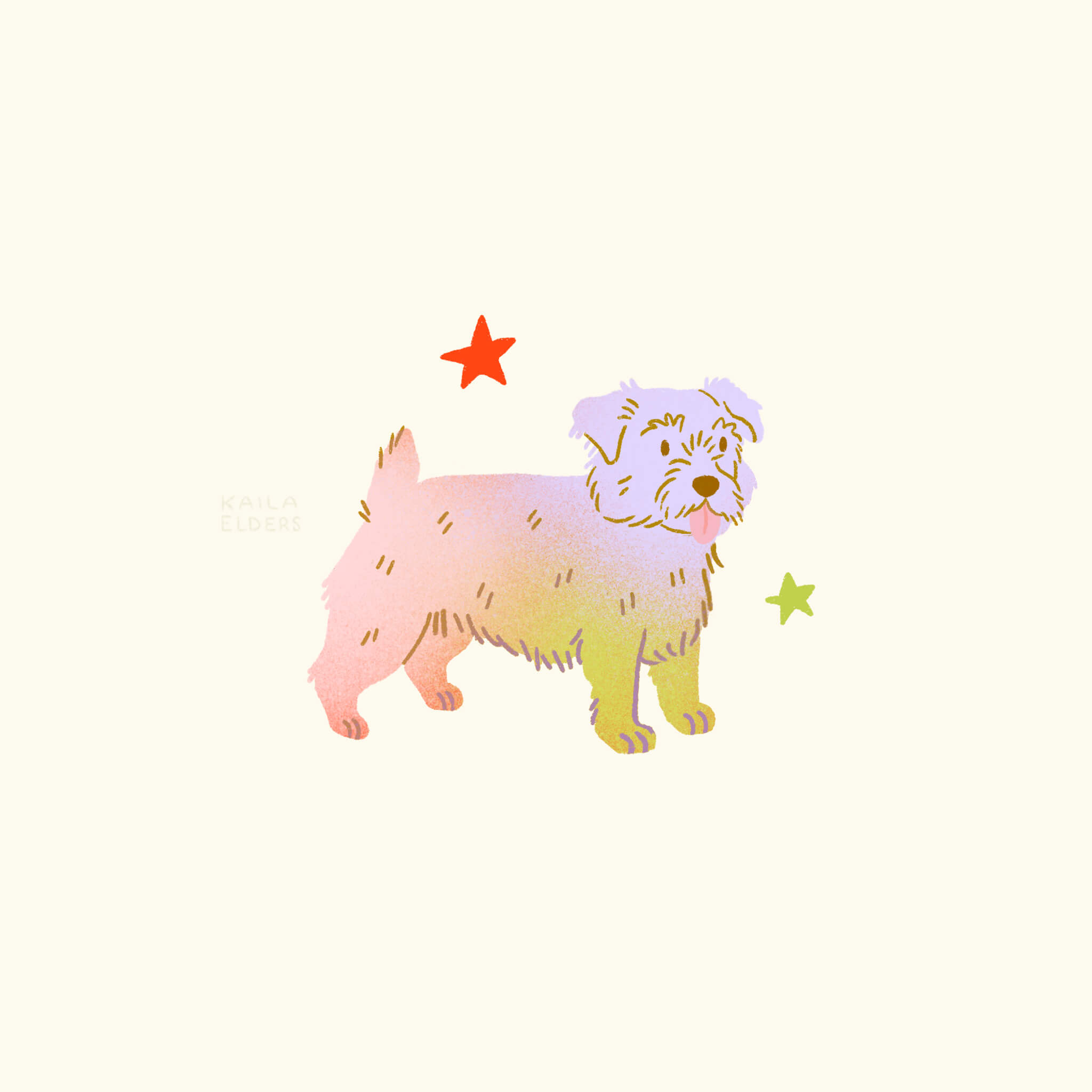 an Illustration of a norfolk terrier coloured in pinks, greens, and lilac colours