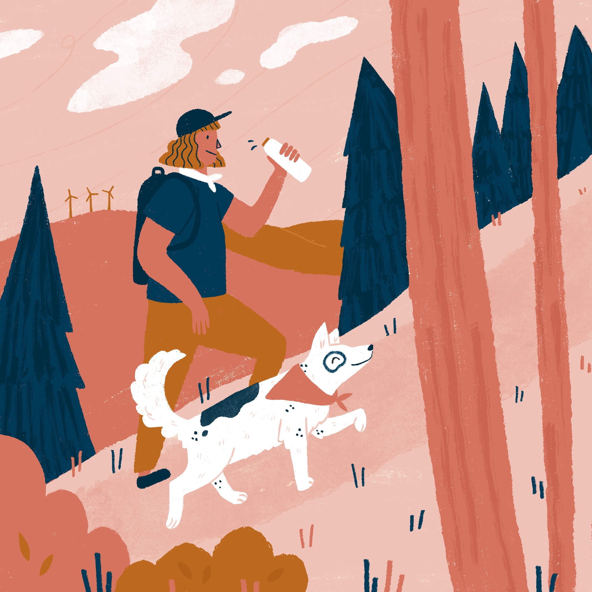 A digital illustration of a woman hiking up a pink hill with her little white dog by her side. She has a white water bottle and there are windmills in the background