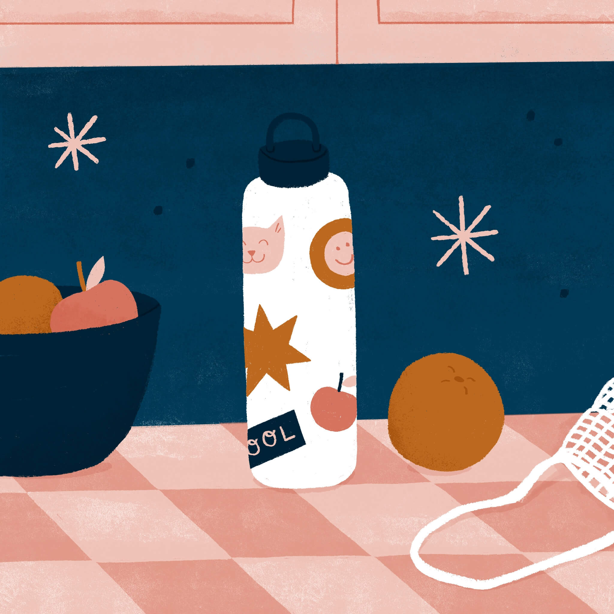 An illustration of a water bottle filled with fun stickers sitting on a kitchen counter top