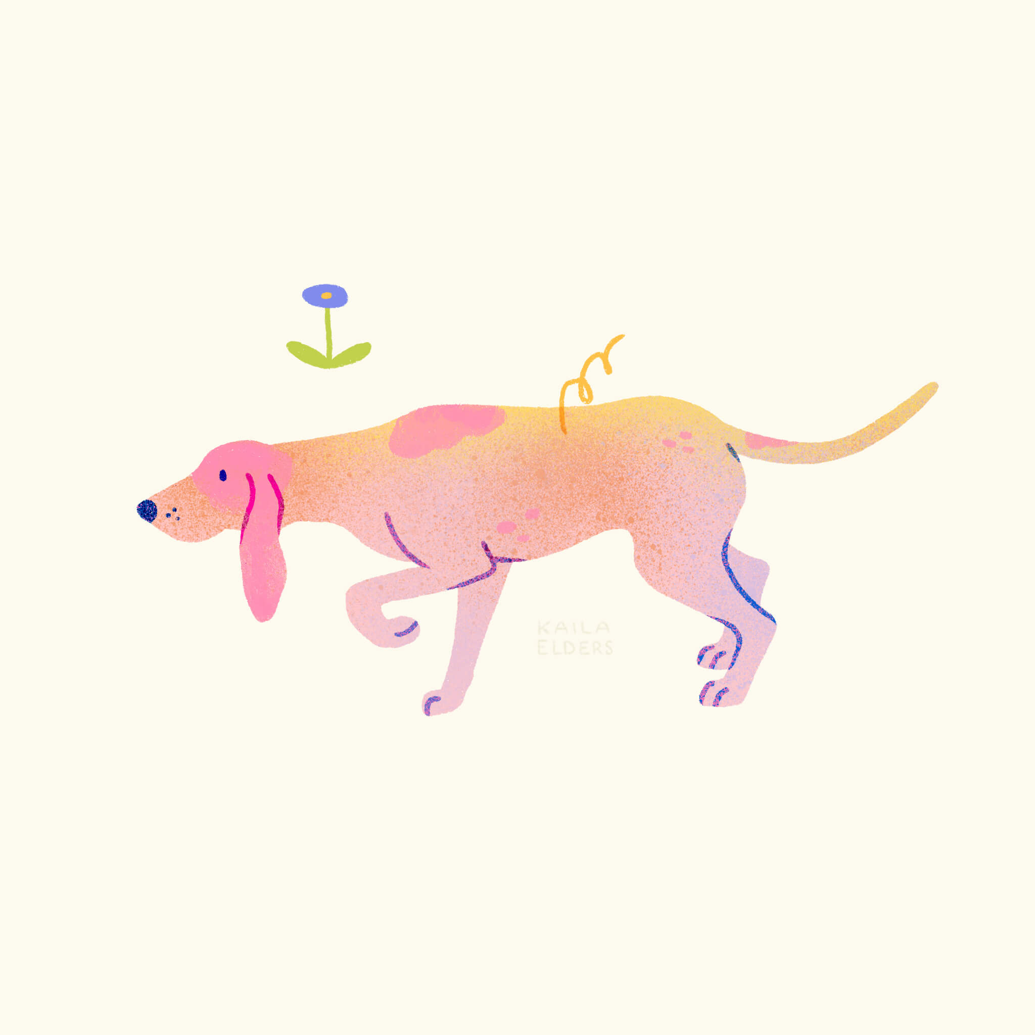 An illustration of a Porcelaine dog in pink, yellow, and lilac colours