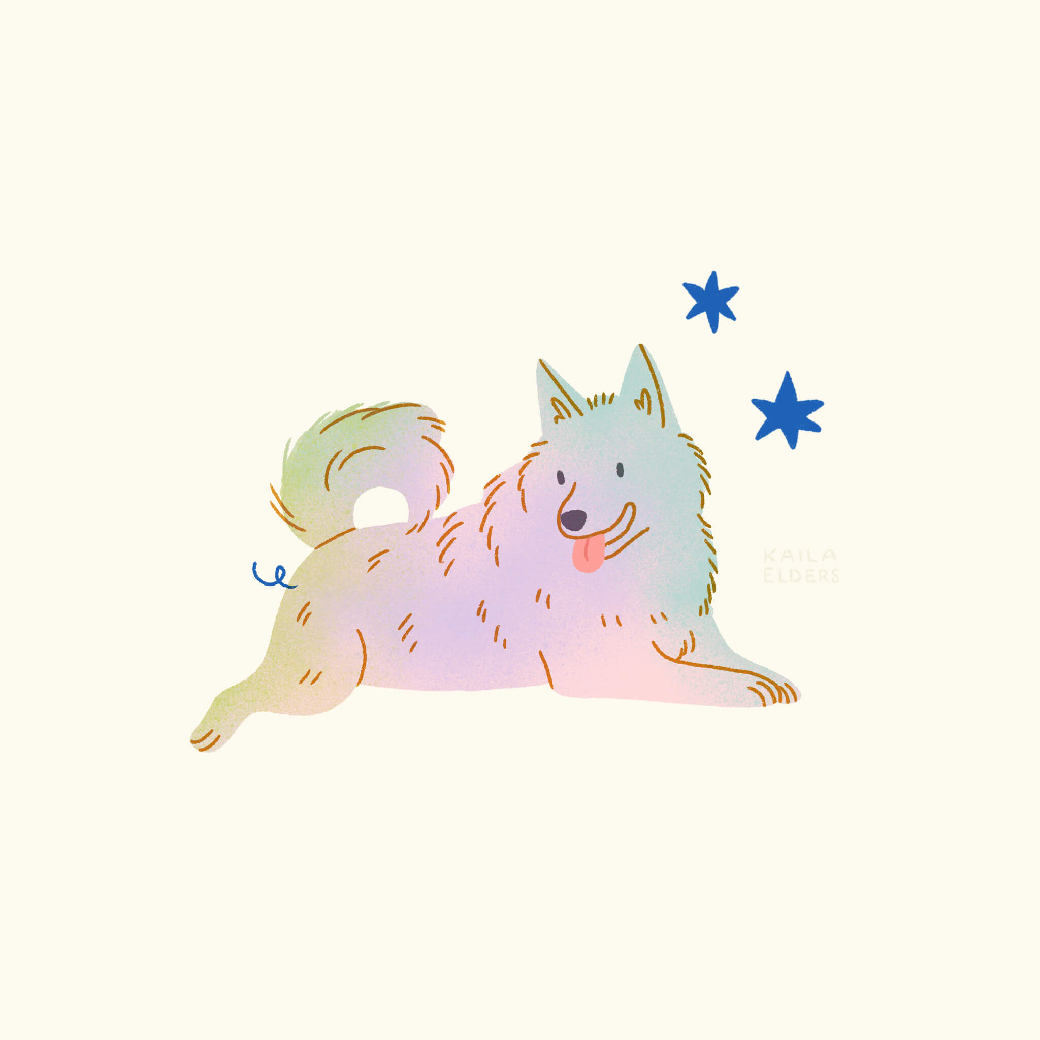 An illustration of a Schipperke dog lounging in pastel colours