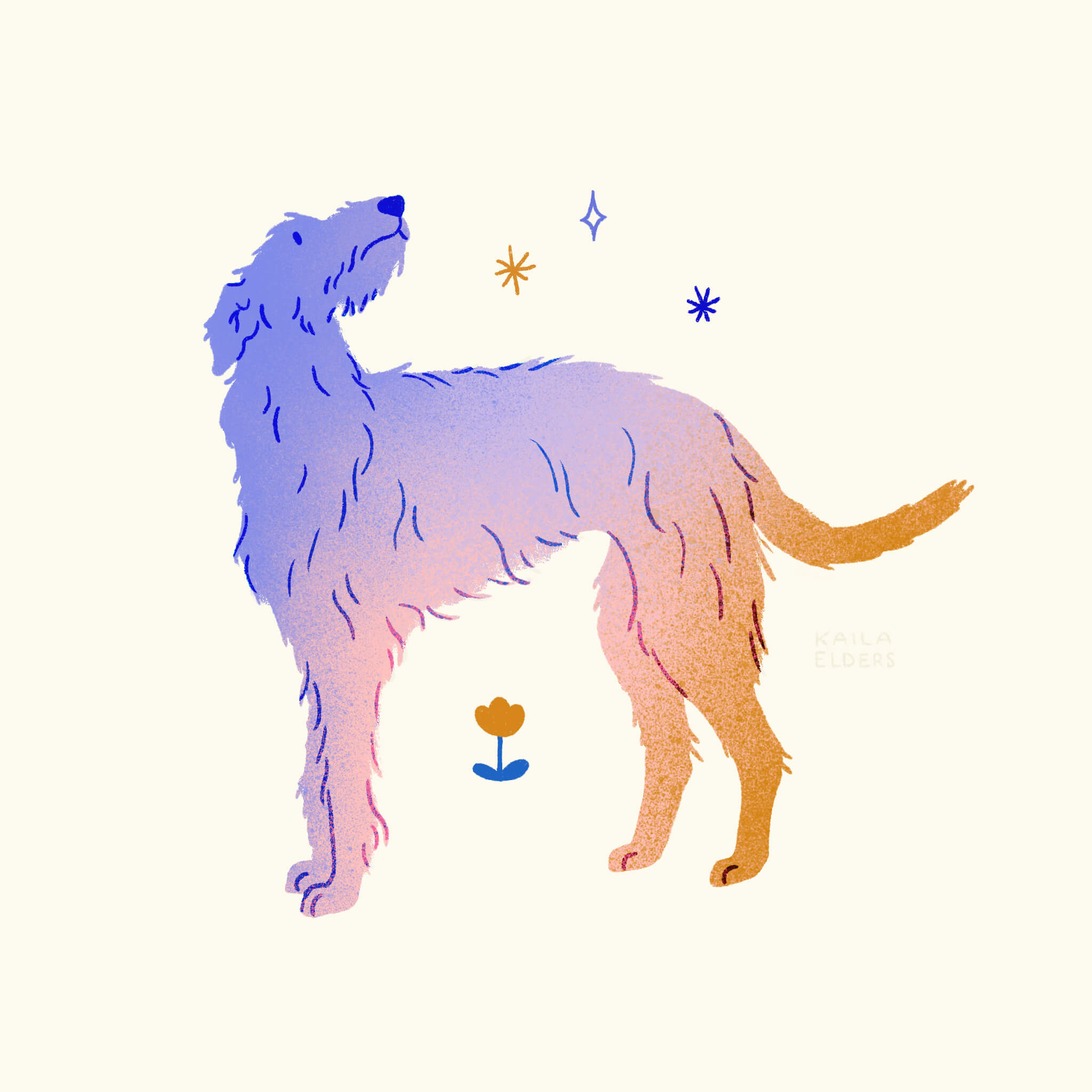 An illustration of a scottish deerhound in a lilac, orange and pink gradient