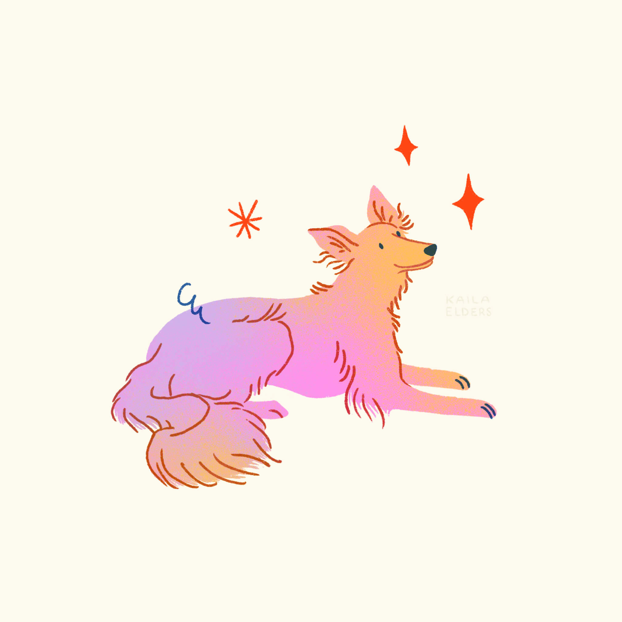 an illustration of a pink silken windhound laying down in a pink and yellow gradient