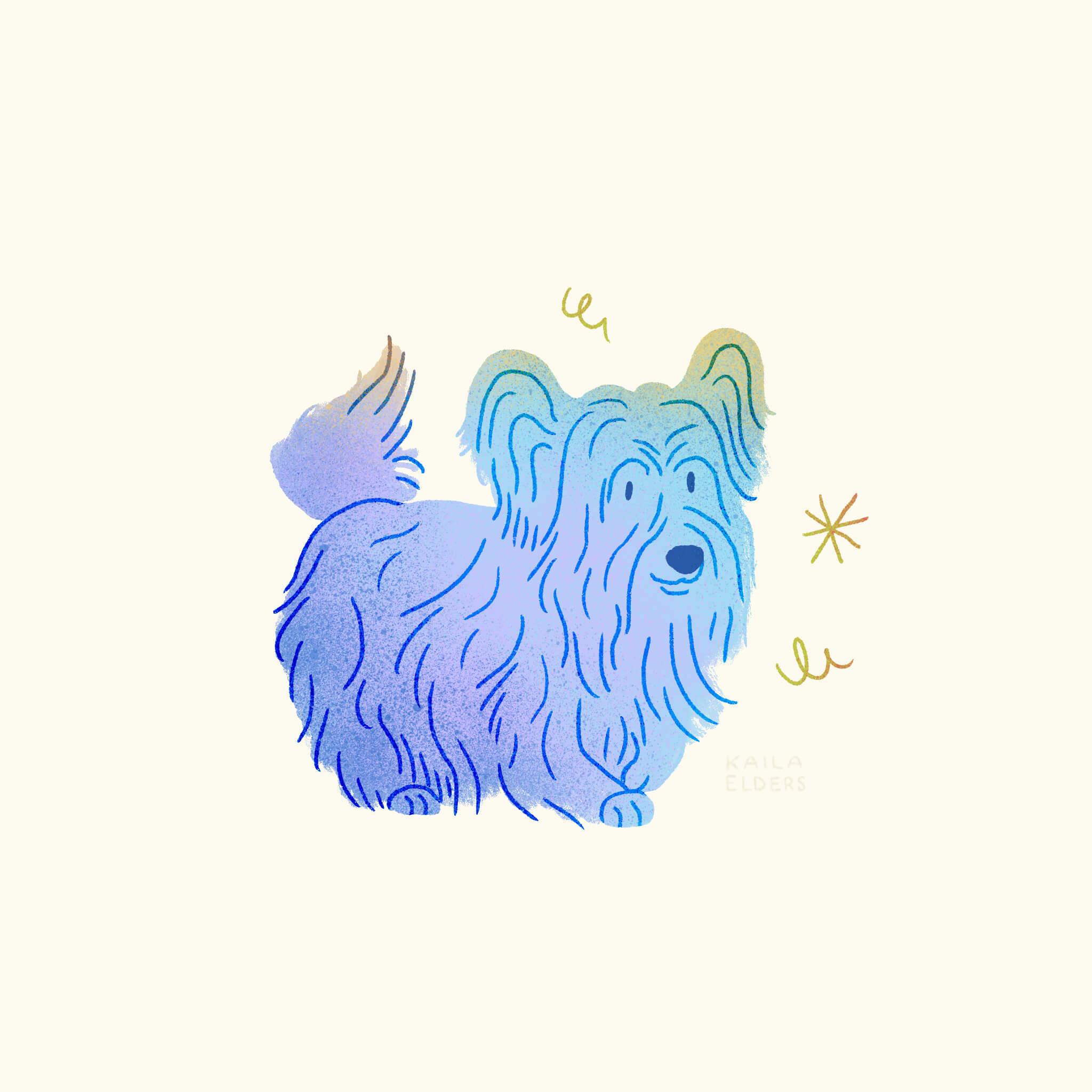 An illustration of a Skye Terrier dog in blue colours