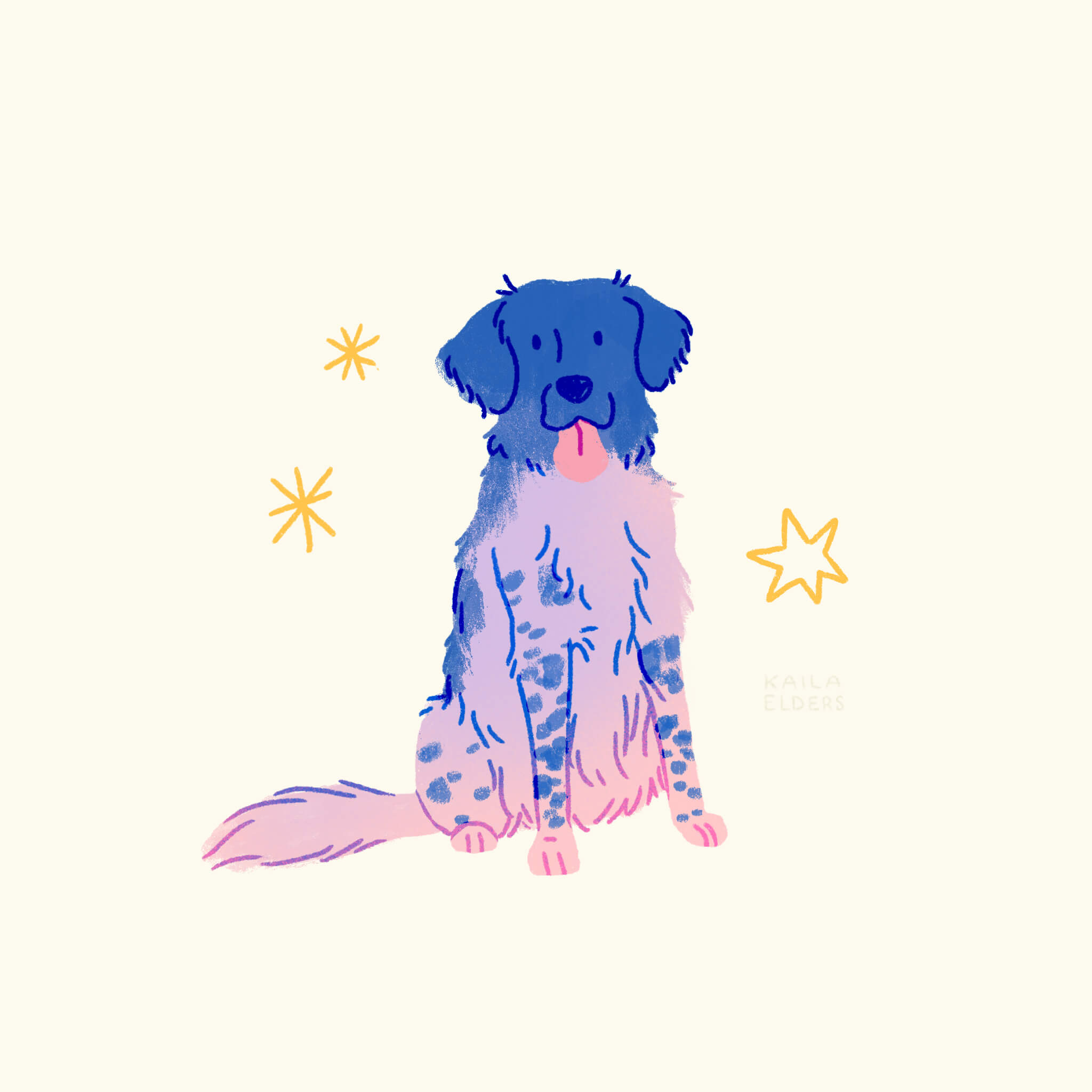 An illustration of a Stabyhoun dog sitting in lilac and blue colours