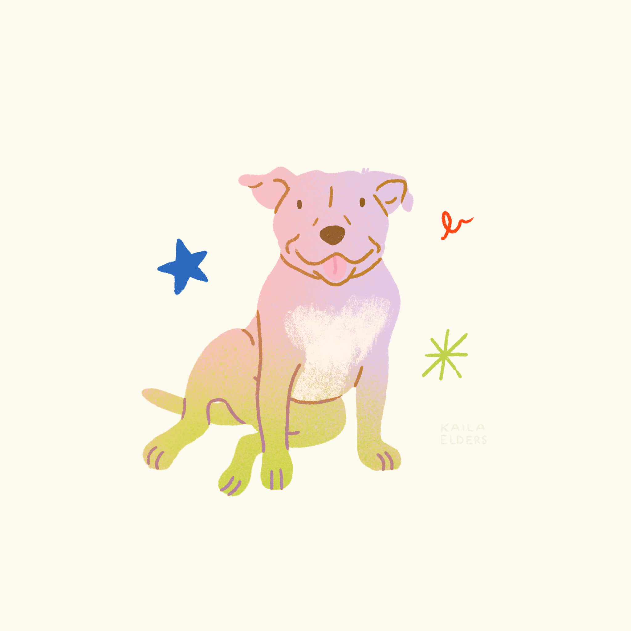 An illustration of a staffordshire terrier dog sitting in pink, lilac and green colours