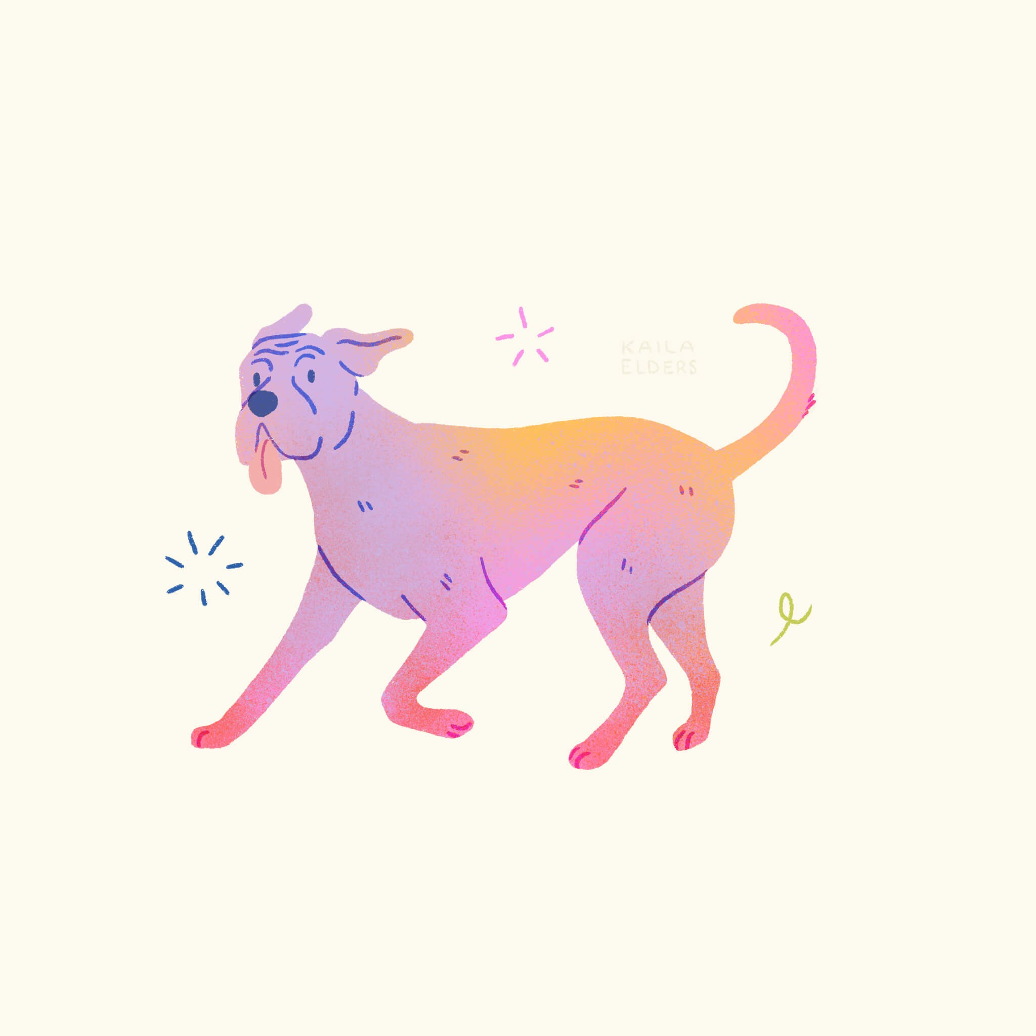 An illustration of a Tosa Ken dog running in purple, pink, and yellow