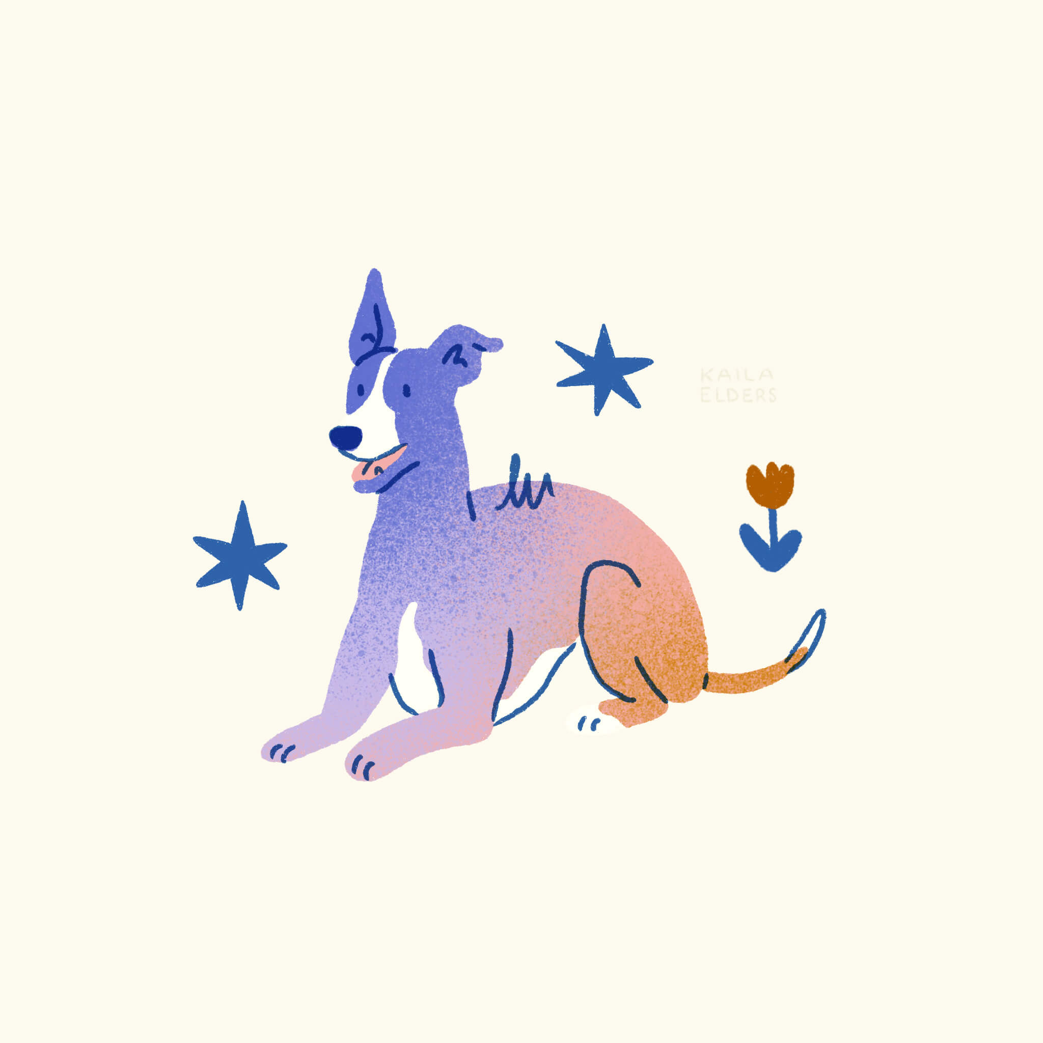 an illustration of a whippet laying down, in a gradient colour of purple and orange with flowers around it