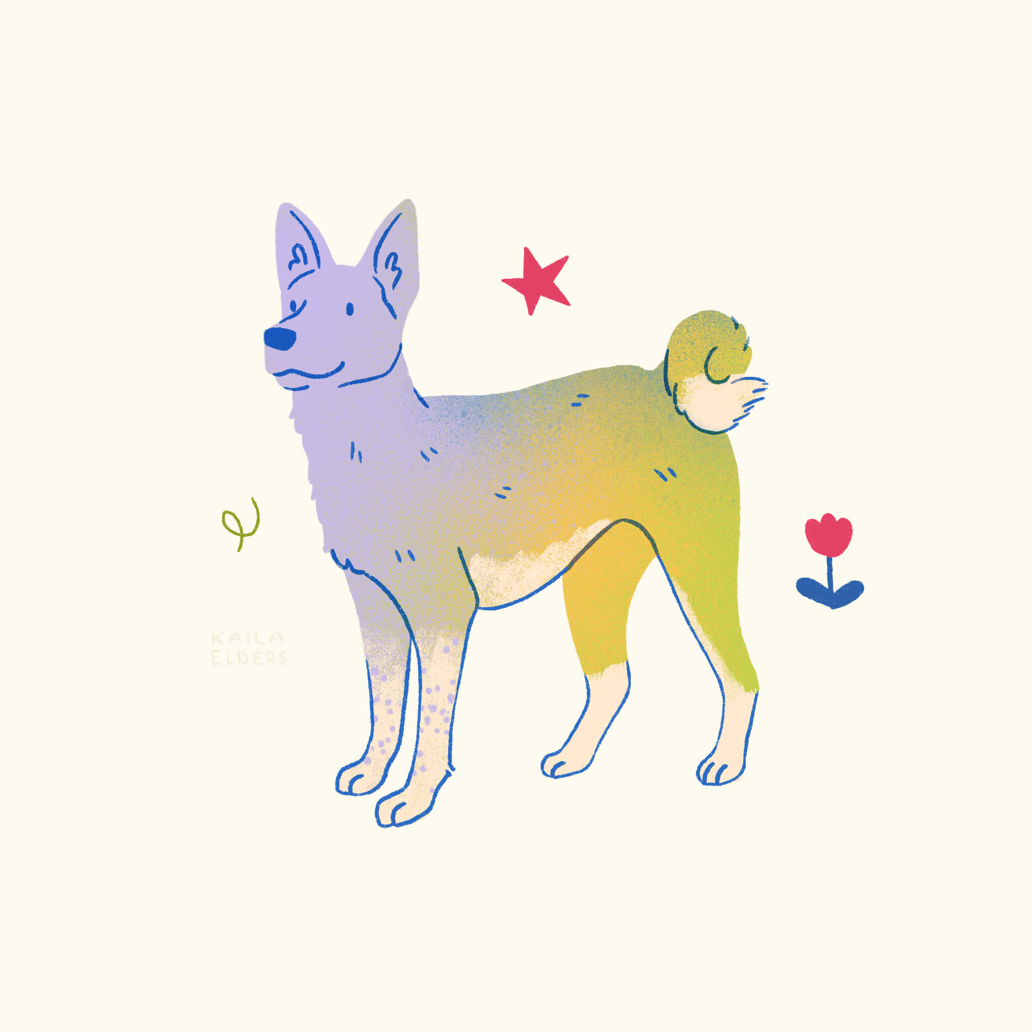 an illustration of a Zerdava dog in purple, yellow and green gradient